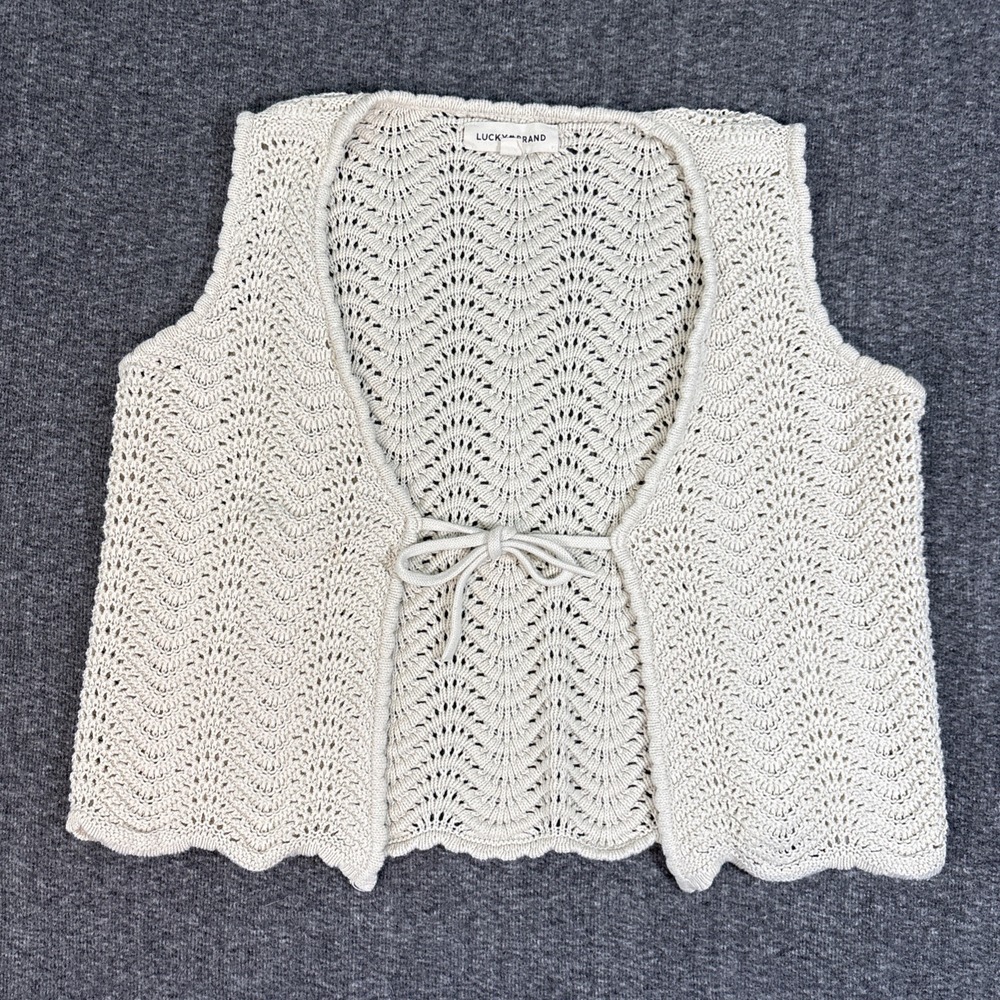 Lucky Brand Sweater Vest Women's Sz Small Cream Crochet Open Knit Tie Front Boho